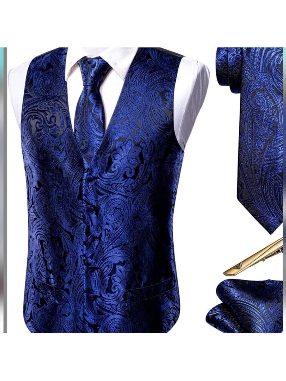 Barry.Wang Formal Men Flower  Paisley Jacquard Silk Tie Vest NWT Size L